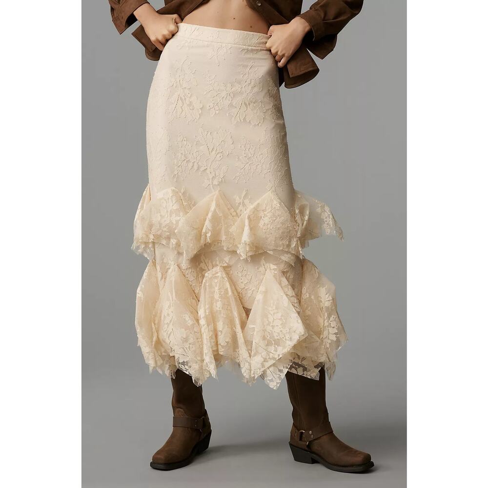 NWT Anthropologie Mare Mare Lace Tiered Midi Skirt $258 X-SMALL Tan BOHO CHIC - Picture 2 of 5